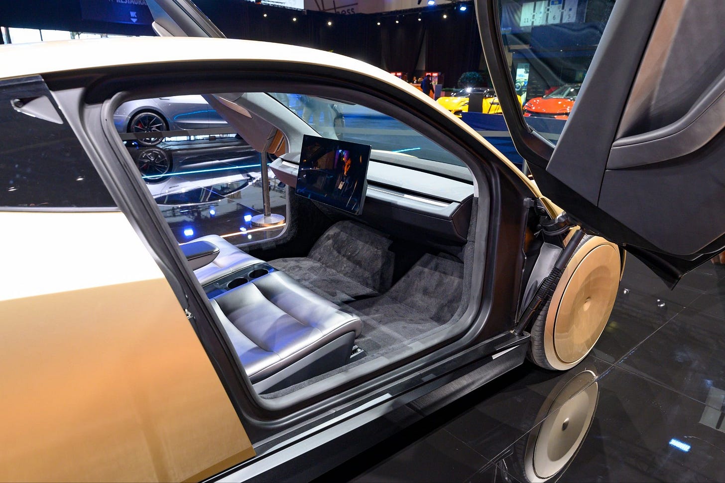 BRUSSELS, BELGIUM - JANUARY 10: Tesla Cybercab or Robotaxi two-passenger battery-electric self-driving car interior on display at the AutoSalon on January 10, 2025 in Brussels, Belgium. (Photo by Sjoerd van der Wal/Getty Images)