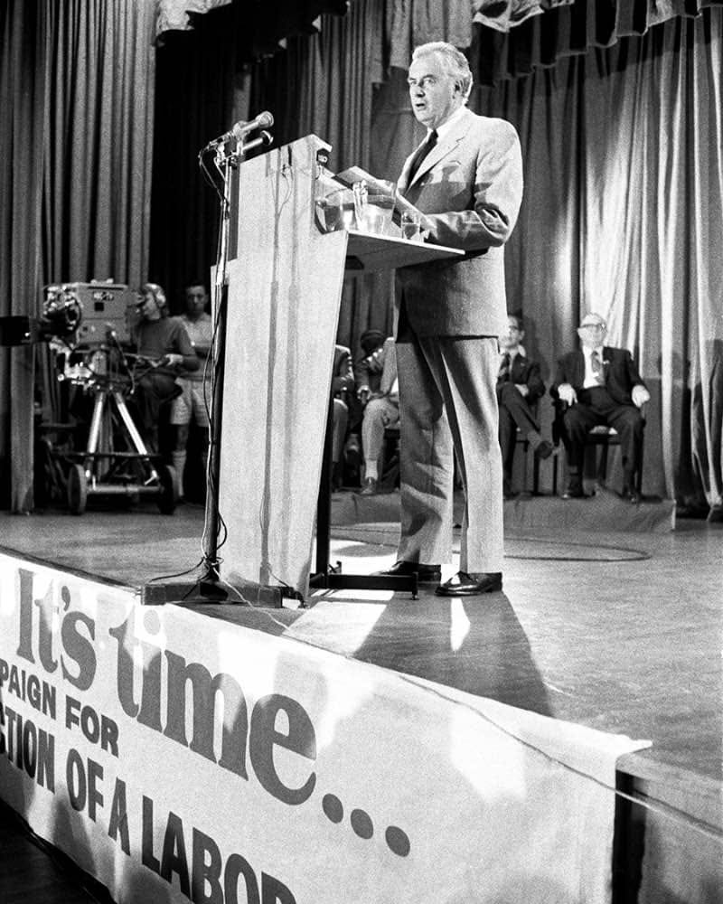 Gough Whitlam delivering the 1972 election policy speech at the Blacktown Civic Centre in Sydney, 1972.