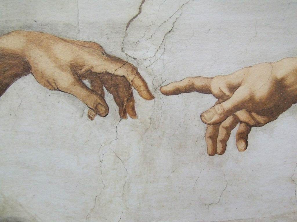 Hand of God reaching out to Adam who receives it Hand of God reaching out to Adam who receives it