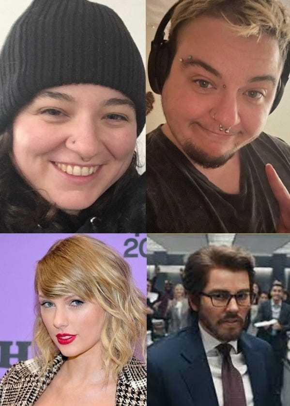 Images of myself before and after HRT, as well as Taylor Swift before and after makeup for "The Man" music video