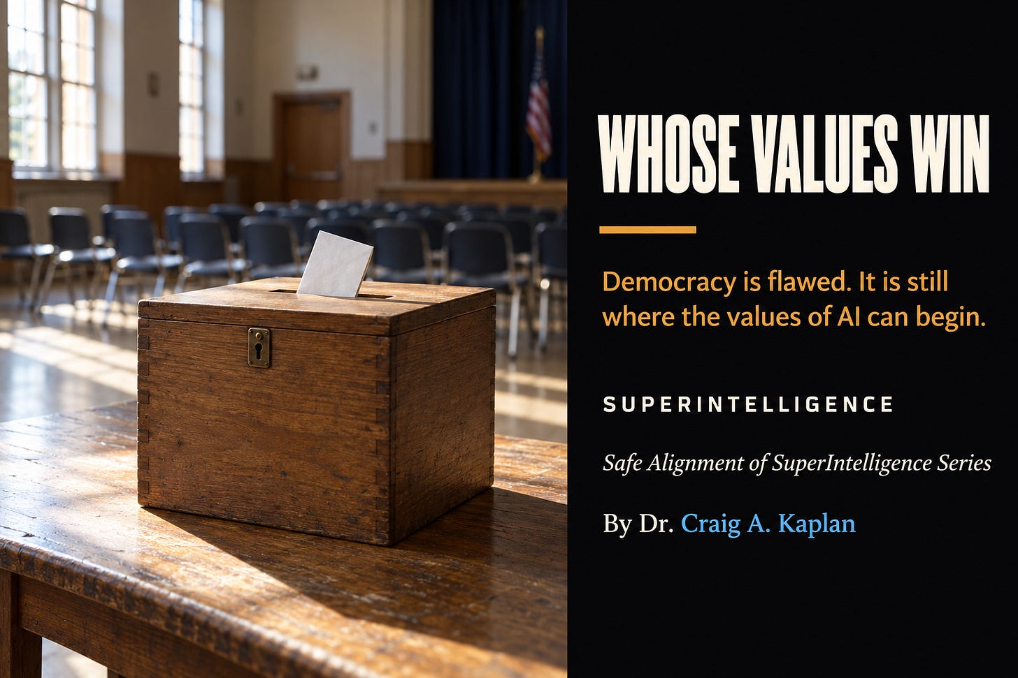 A wooden ballot box in an empty hall with one folded ballot in the slot. On the right, a black panel reads: Whose values win. Democracy is flawed. It is still where the values of AI can begin. Superintelligence. Safe Alignment of SuperIntelligence Series. By Dr. Craig A. Kaplan. A wooden ballot box in an empty hall with one folded ballot in the slot. On the right, a black panel reads: Whose values win. Democracy is flawed. It is still where the values of AI can begin. Superintelligence. Safe Alignment of SuperIntelligence Series. By Dr. Craig A. Kaplan.
