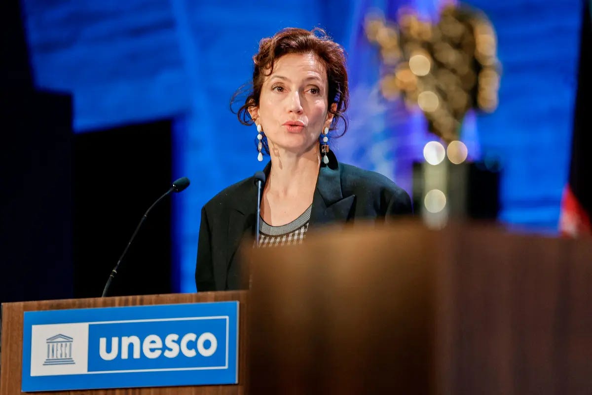 UNESCO Director-General Audrey Azoulay makes a speech at the UNESCO headquarters in Paris on Nov. 8, 2023. (Geoffroy Van der Hasselt/AFP via Getty Images) UNESCO Director-General Audrey Azoulay makes a speech at the UNESCO headquarters in Paris on Nov. 8, 2023. (Geoffroy Van der Hasselt/AFP via Getty Images)