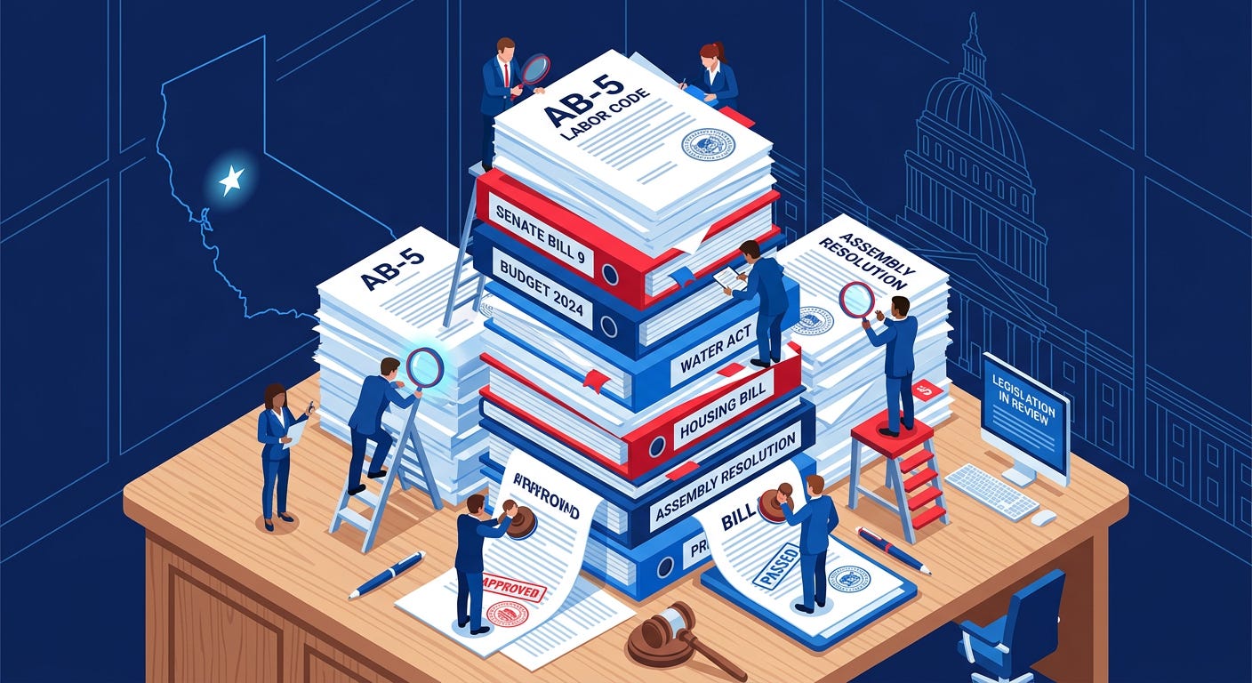 Flat isometric illustration of a giant stack of 26 legal documents and bills sitting on the desk of a government building, small lawmakers surrounding the pile with magnifying glasses and approval stamps, California state outline subtly visible in the background, dark navy background, clean vector art style, bold blue, red and white palette, modern policy editorial aesthetic Flat isometric illustration of a giant stack of 26 legal documents and bills sitting on the desk of a government building, small lawmakers surrounding the pile with magnifying glasses and approval stamps, California state outline subtly visible in the background, dark navy background, clean vector art style, bold blue, red and white palette, modern policy editorial aesthetic