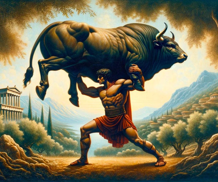 Milo of Croton lifting a bull Milo of Croton lifting a bull