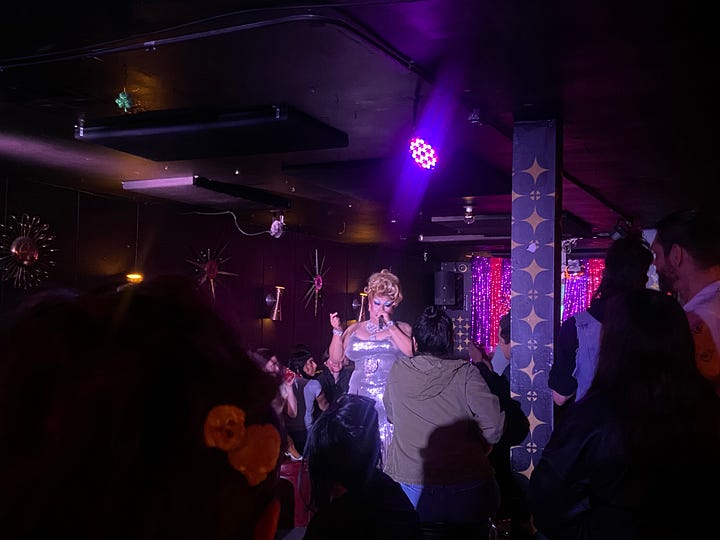 Pictured left to right: Drag performance, Smoking a spliff, Anthony being dramatic, Friends hugging