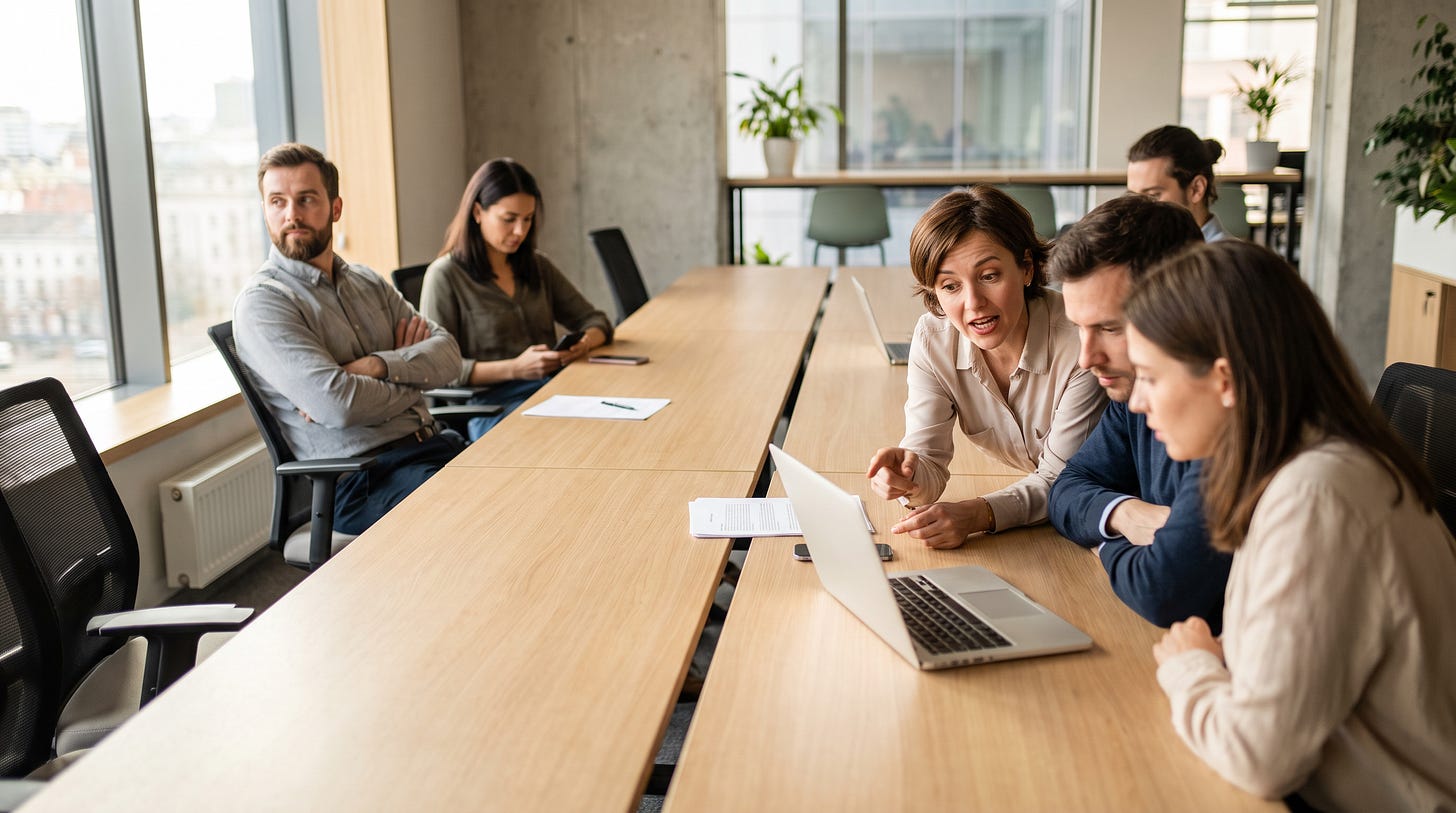Aan één vergadertafel leunen drie collega's naar het scherm terwijl drie anderen achteroverzitten met de armen over elkaar Aan één vergadertafel leunen drie collega's naar het scherm terwijl drie anderen achteroverzitten met de armen over elkaar