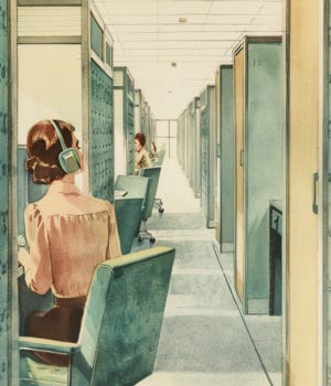 vintage watercolor illustration of an office worker wearing a facial mask at her desk while nearby coworkers react with visible discomfort