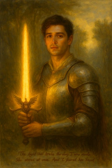 A gothic fantasy depiction of Ireena’s dream of Sergei, visually inspired by Nicolas Galatzine, holding the legendary Sunsword. Sergei stands in a mist-shrouded meadow at dawn, the sky glowing with soft golden light breaking through the fog. He wears noble armor of silver and pale gold, engraved with motifs of wings and sunlight. His expression is kind and noble, eyes warm like springtime, gazing forward with quiet strength. The Sunsword in his hand radiates golden light, its hilt crowned with a rising sun framed by outstretched wings. The blade gleams brilliantly, casting illumination across the mist and reflecting on Sergei’s armor. Around him, spectral echoes of battle fade into the mist, but he remains untouched by cruelty. The atmosphere is dreamlike, reverent, and filled with warmth.