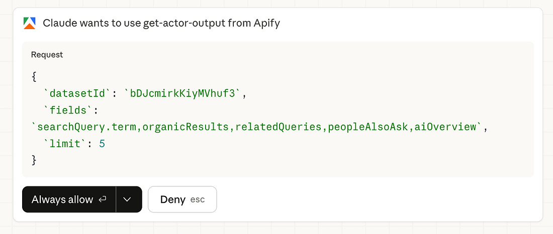 Claude Cowork permission prompt asking the user to approve running the Google Search Results Scraper via Apify