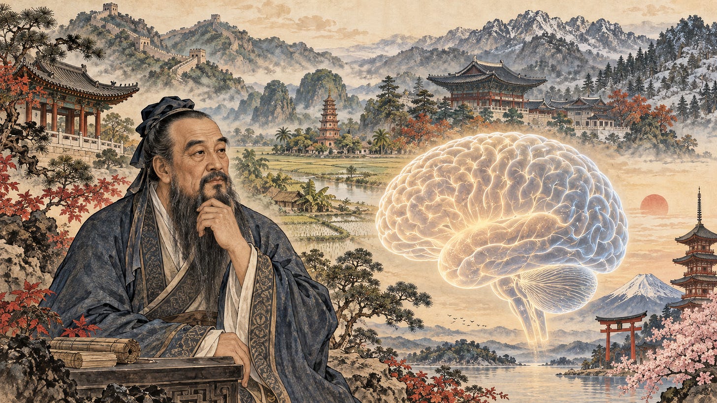 Illustration of Confucius beside a glowing brain, with landmarks and landscapes representing China, Vietnam, Korea, and Japan. Illustration of Confucius beside a glowing brain, with landmarks and landscapes representing China, Vietnam, Korea, and Japan.
