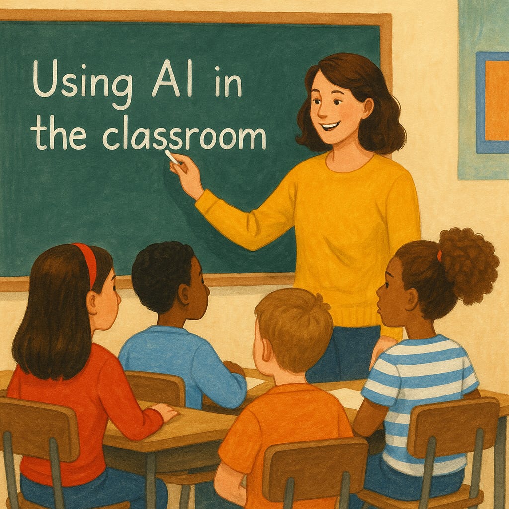 Cheerful cartoon of a teacher pointing to 'Using AI in the classroom' on a chalkboard while a group of skeptical-looking kids listen—clearly wondering if this means ChatGPT is grading their essays now. Perfect visual for exploring AI hype, classroom chaos, or the slow-motion collision of tech and education.