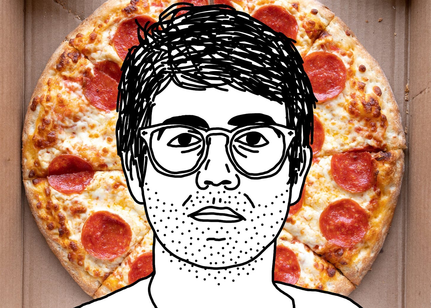 A black line drawing of Alex, the protagonist of "I Hear You Watching." He is white, short messy parted hair, glasses. He stares straight at you, unsmiling. He has a five-o’clock shadow and bags under his eyes. Behind him, haloed around his head, is a pepperoni pizza in a box.