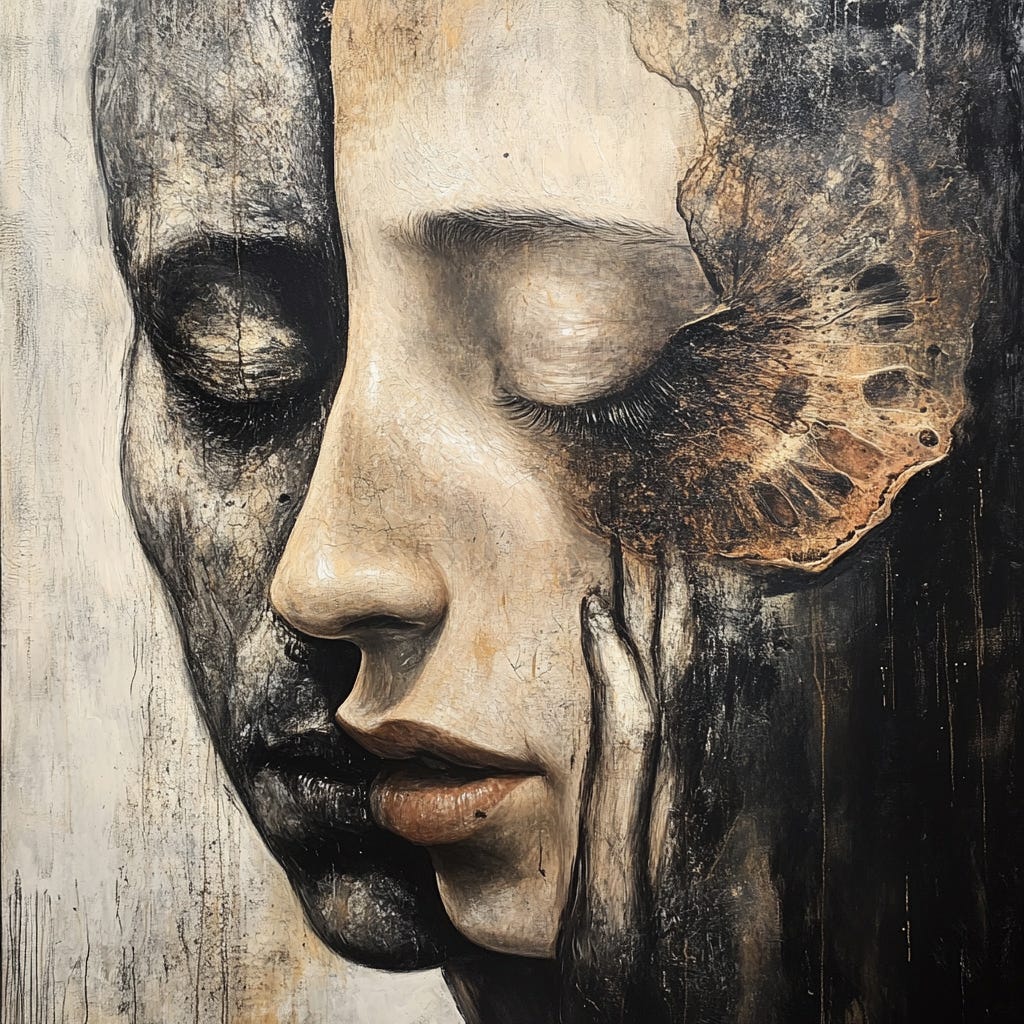 Surreal portrait painting of a face, half in light and half in dark shadow, with abstract textures blending into the skin