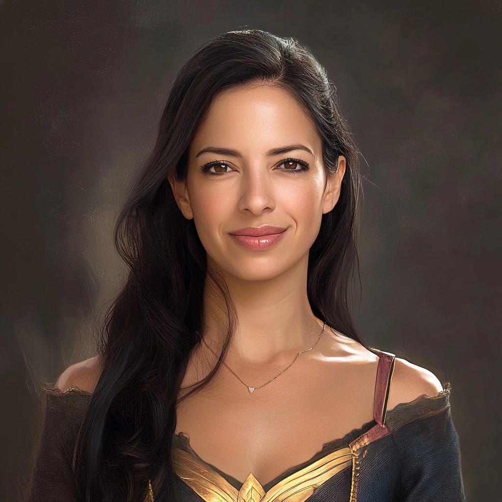 Liat Portal, reimagined by MidJourney, portrayed in a fantasy-inspired digital artwork. A striking AI-generated portrait featuring long dark hair, warm brown eyes, and a confident expression, dressed in an elegant, warrior-like outfit with gold detailing.