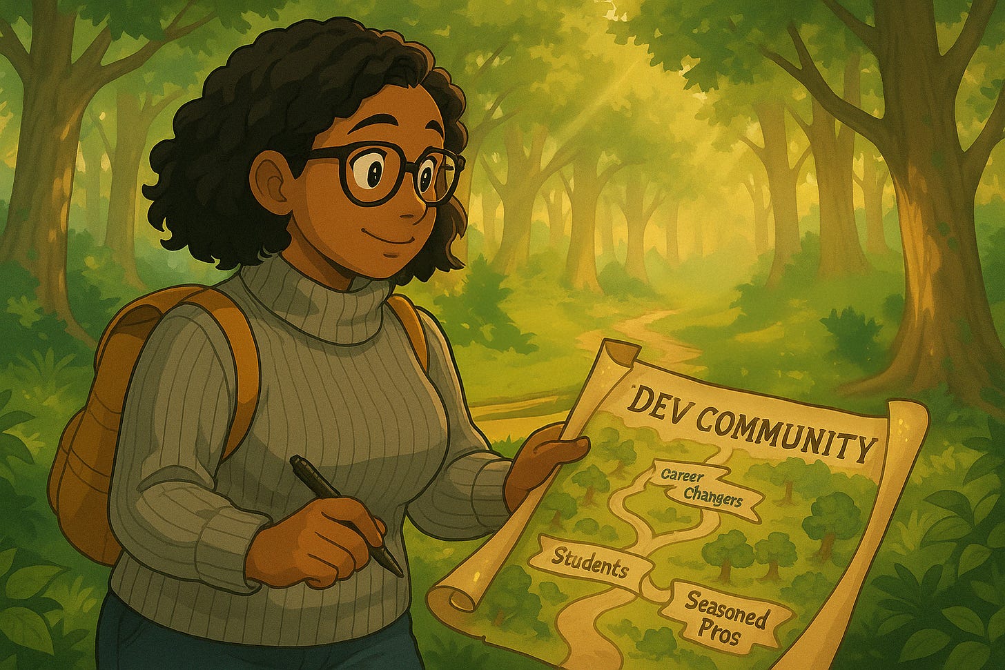 A cartoon developer looking at a map titled "Dev Community" with paths for students, career changers, and seasoned pros in a forest.