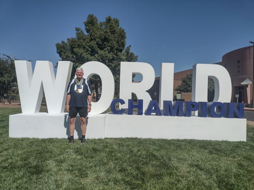 Brett Hestdalen poses for a photo after winning the gold medal in the 5,000-meter power walk race at the 2024 Huntsman World Senior Games in St. George, Utah. Brett Hestdalen poses for a photo after winning the gold medal in the 5,000-meter power walk race at the 2024 Huntsman World Senior Games in St. George, Utah.