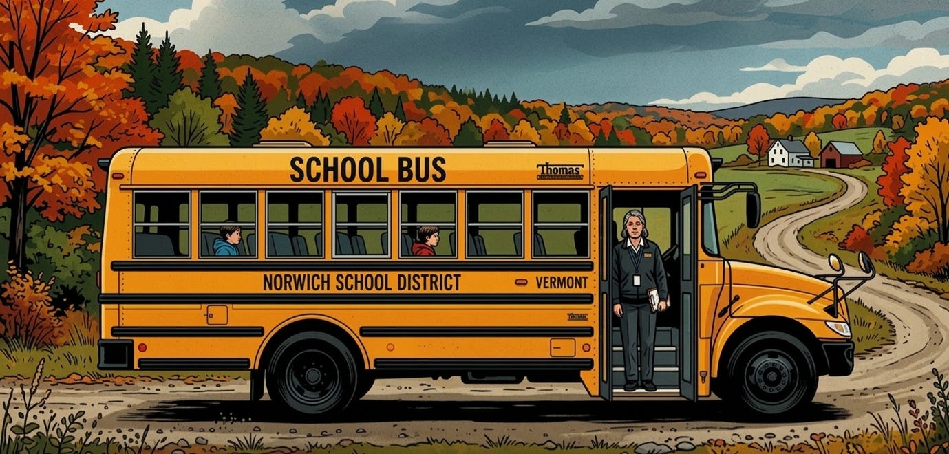A Norwich, Vermont school bus on a Vermont dirt road in the fall with just a couple kids on the bus, the door open, and the driver waiting for a rider. A Norwich, Vermont school bus on a Vermont dirt road in the fall with just a couple kids on the bus, the door open, and the driver waiting for a rider.