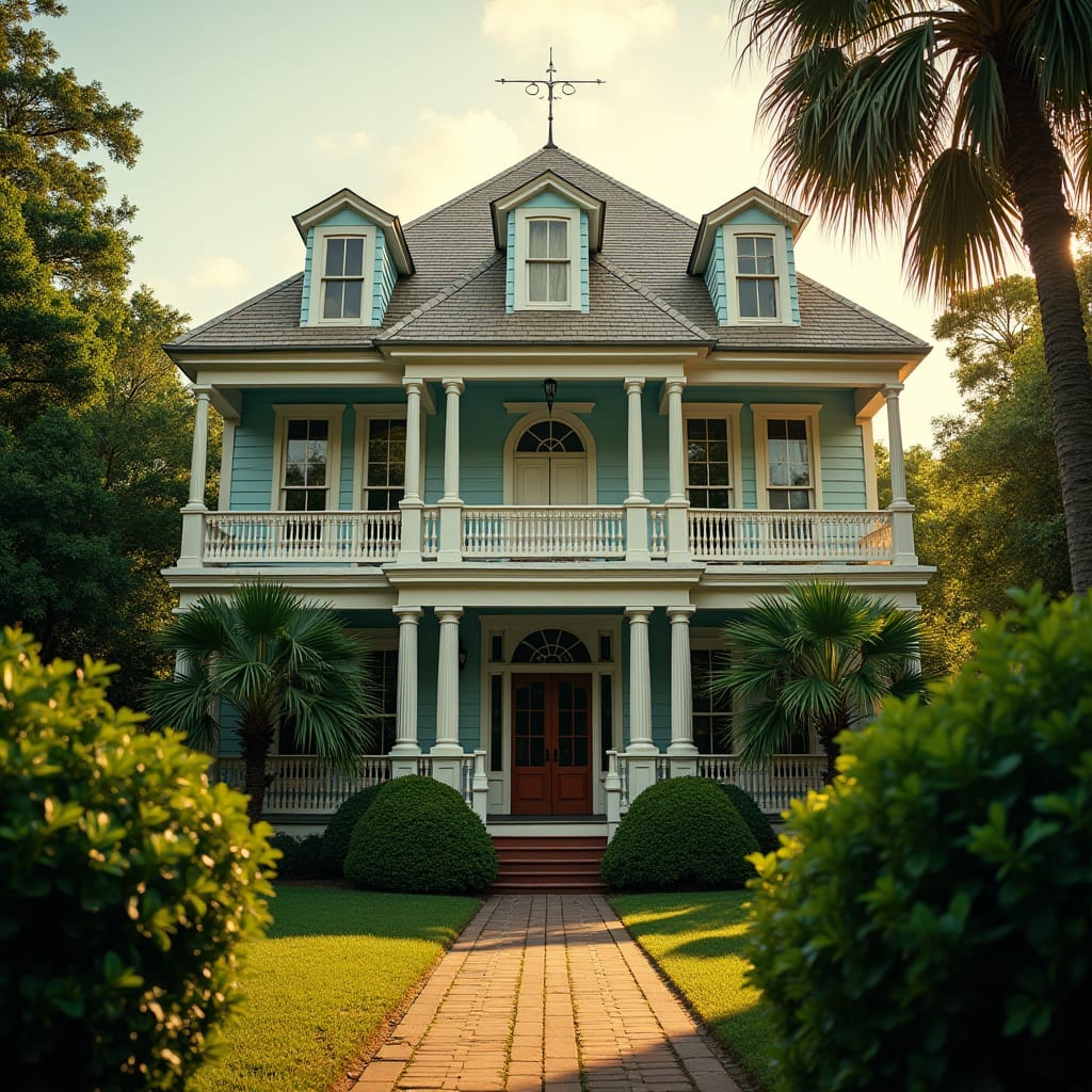 Majestic Victorian homes in Kingston, Jamaica, set against a warm, vibrant Caribbean backdrop, with lush greenery and historic architecture