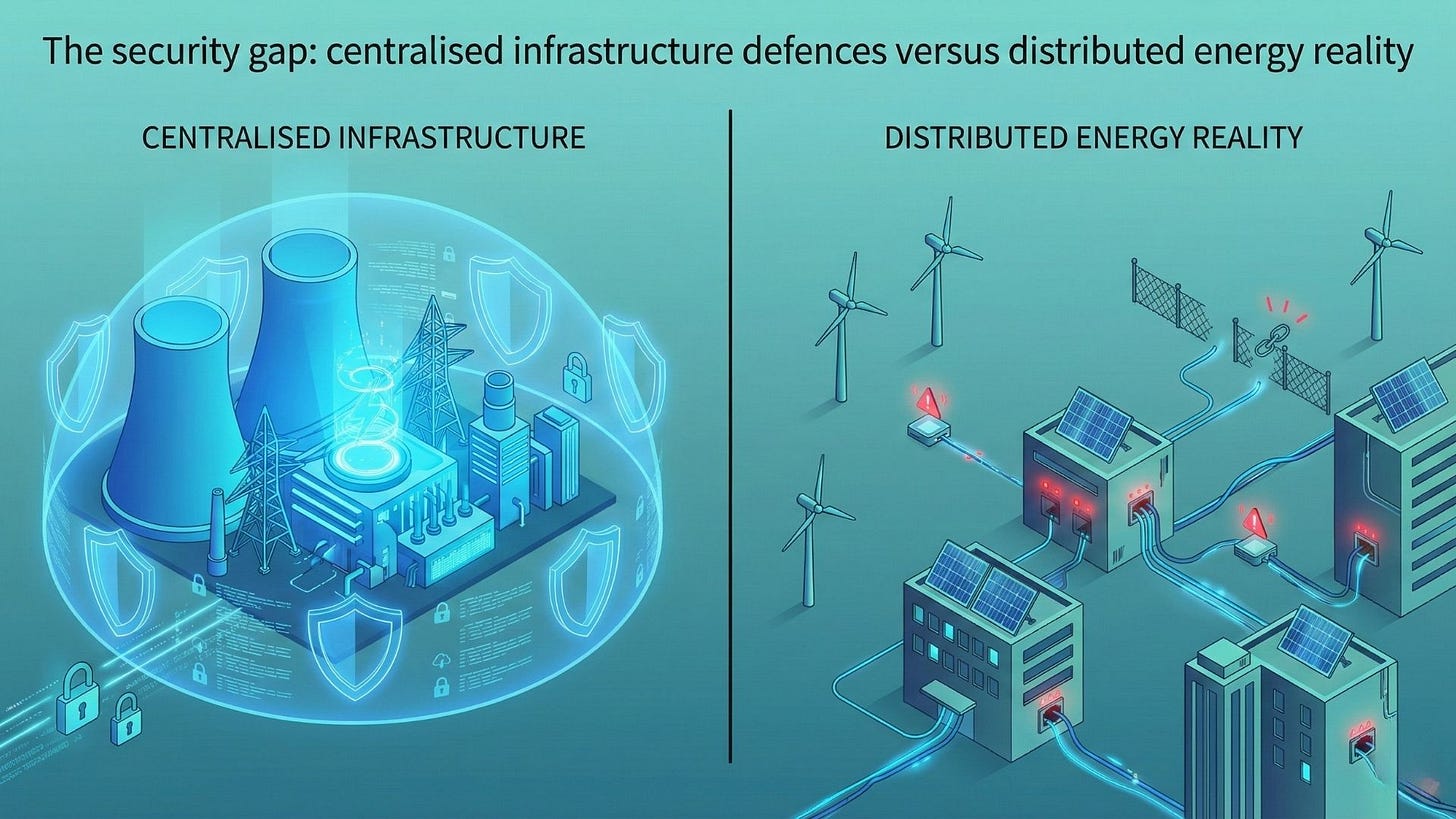 Split comparison showing centralised power station with robust security versus distributed renewable facilities with minimal cyber defences.