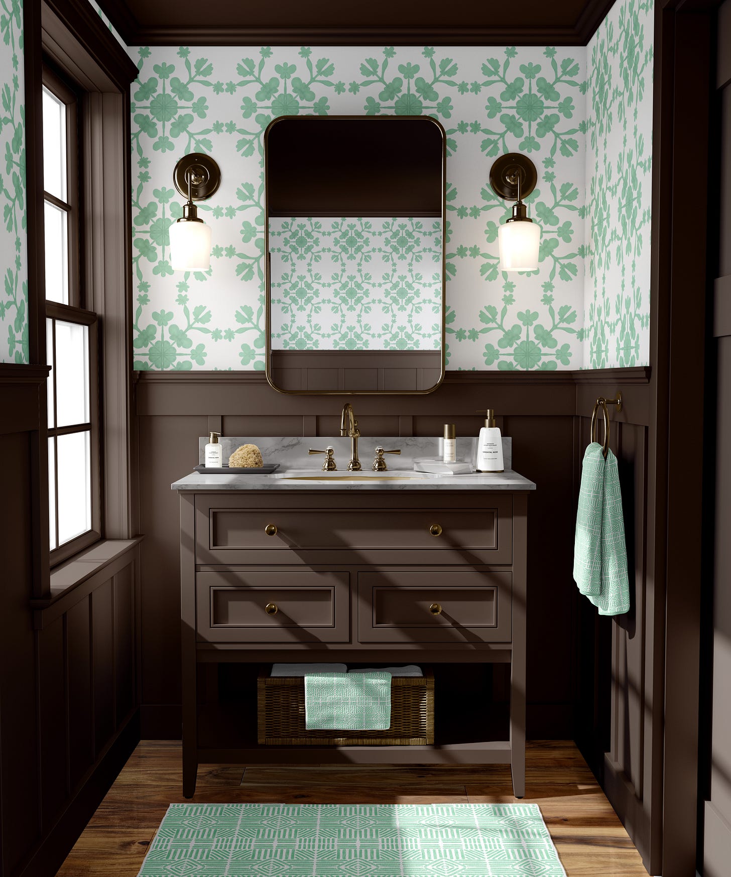 dark wood bathroom with pistachio mint wallpaper and towels, rug dark wood bathroom with pistachio mint wallpaper and towels, rug