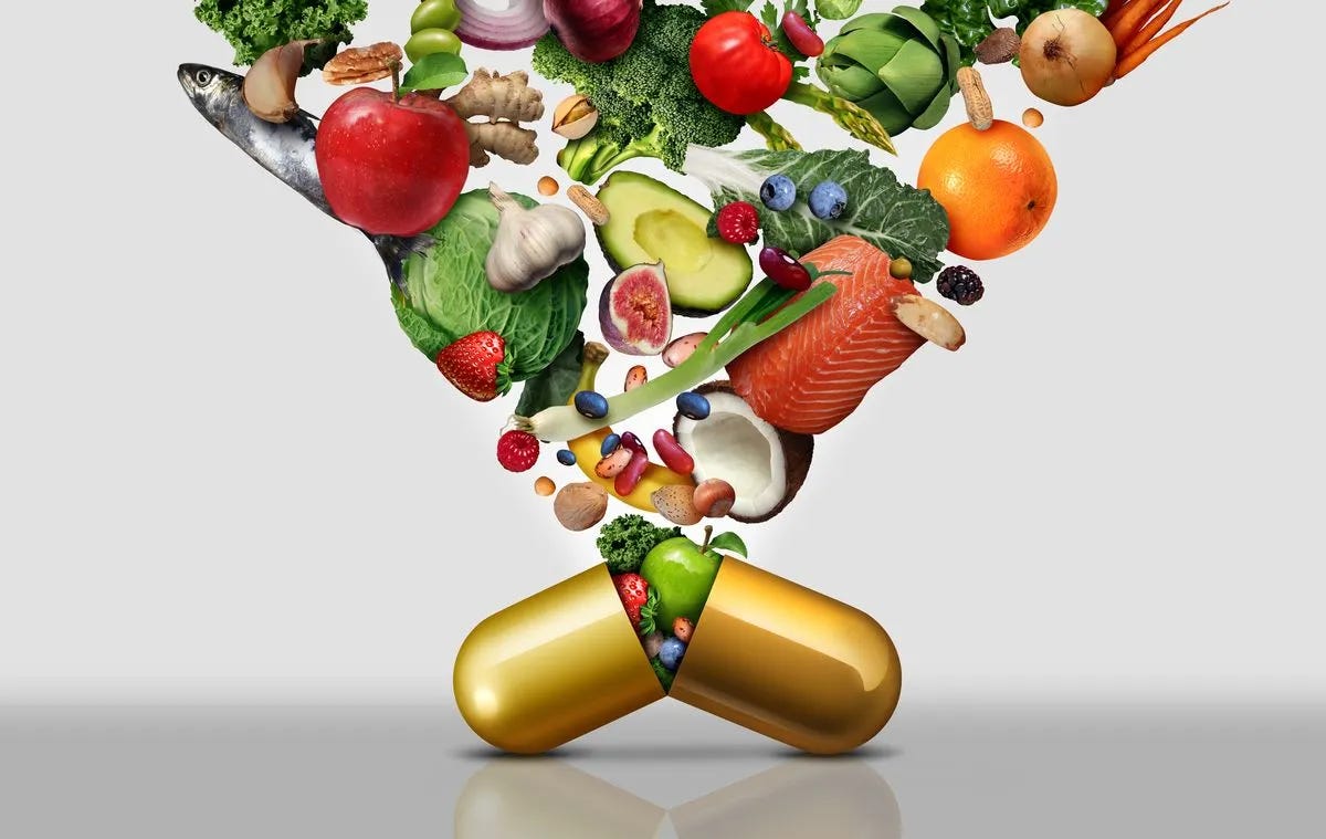 Capsule bursting open with a variety of high-antioxidant foods spilling out Capsule bursting open with a variety of high-antioxidant foods spilling out