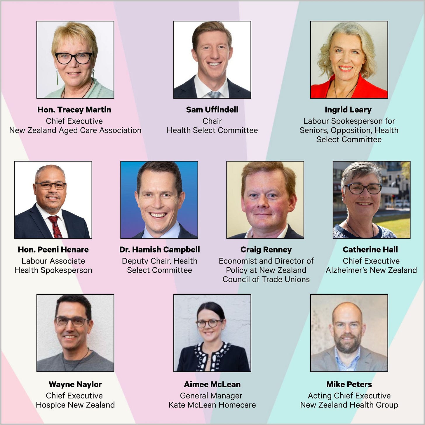 May be an image of 10 people and text that says "Hon. Tracey Martin Chief Executive New Zealand Aged Care Association Sam Uffindell Chair Health Select Committee Ingrid IngridLeary Leary Labour Spokesperson for Seniors, Health Select Committee Hon. Hon.PeoniHonare PeeniHenare Peeni eare Hon.PeeniH LabourAssociate Labour Associate Health Spokesperson Dr. Dr.Hamish Campbell Deputy Chair, Health Select Committee Craig Renney Economist and Director of Policy New Zealand Council Trade Unions Catherine Hall Chief Executive Alzheimer's New Zealand Wayne Naylor Chief Executive Hospice New Zealand Aimee McLean General Manager KateMcLean Kate Homecare Mike Peters Acting Chief Executive New Zealand Health Group"