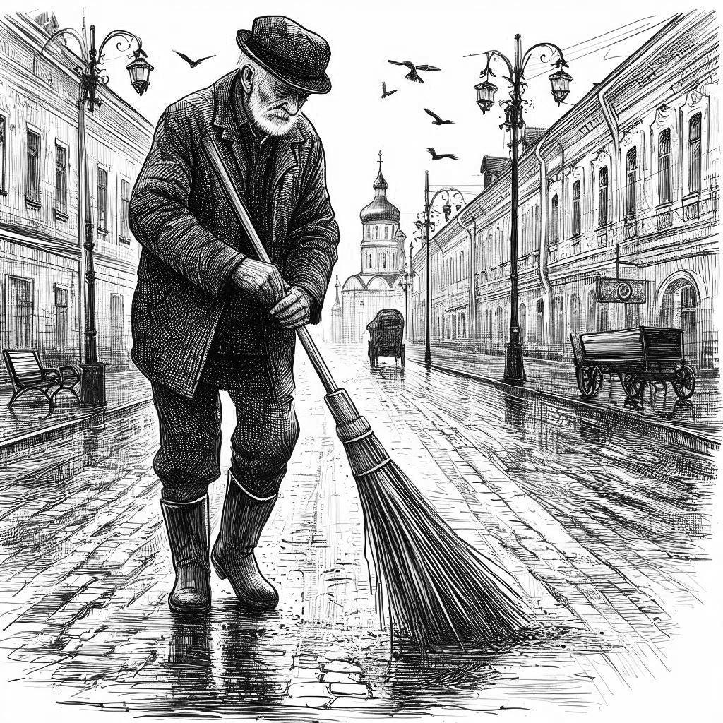 image of old man sweeping street