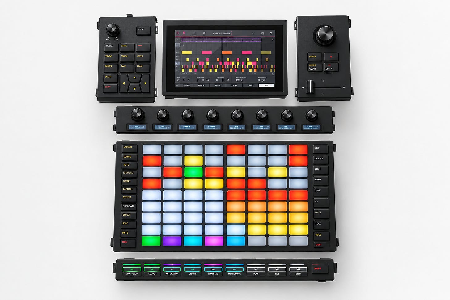 AI generated image showing the different parts of the AKAI force sepearted to illustrate a modular approach 