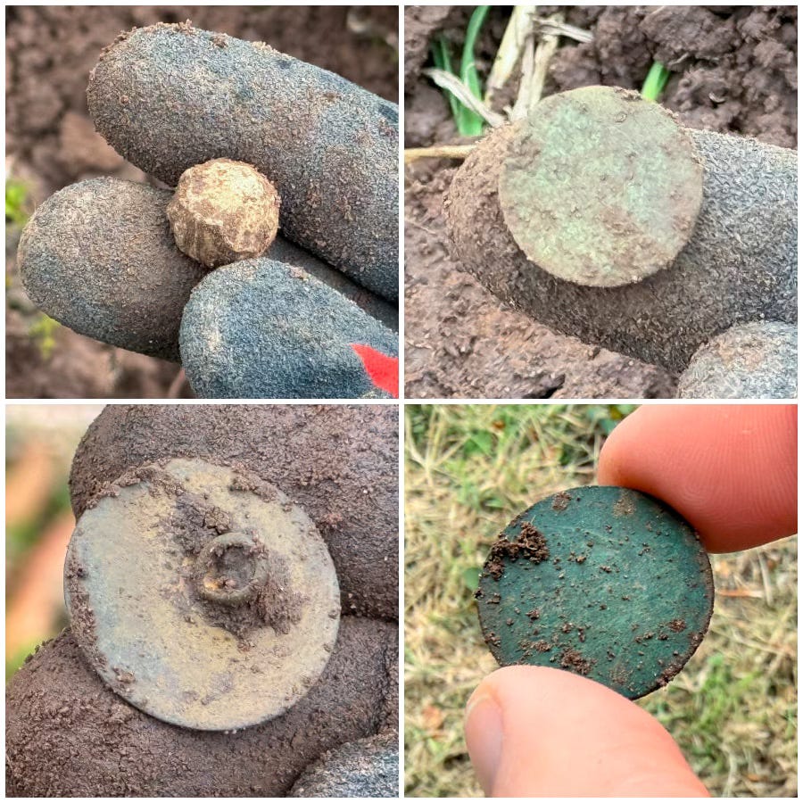 four photos of bits of metal I pulled from the ground.