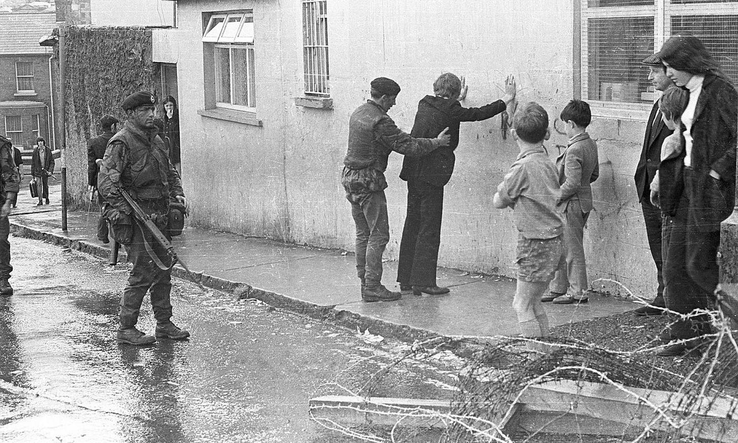 British soldiers performing a stop and search in Derry, circa 1972. Credit: Eamon Melaugh British soldiers performing a stop and search in Derry, circa 1972. Credit: Eamon Melaugh
