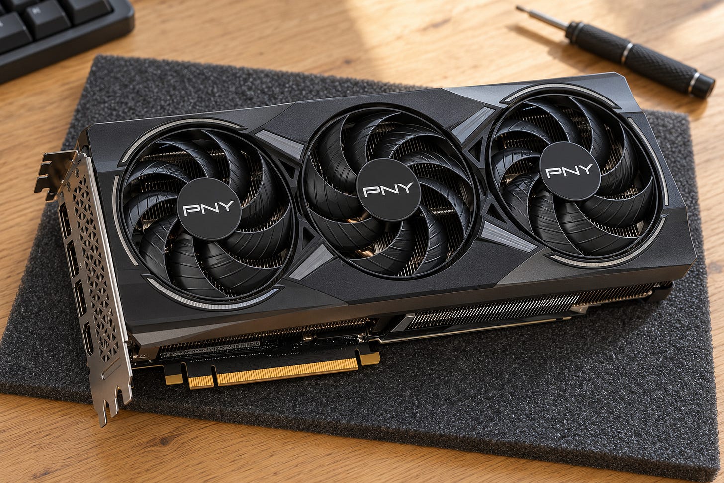 PNY GeForce RTX 5070 Ti EPIC-X RGB OC 16GB on a workbench as a faster 16GB ComfyUI upgrade PNY GeForce RTX 5070 Ti EPIC-X RGB OC 16GB on a workbench as a faster 16GB ComfyUI upgrade