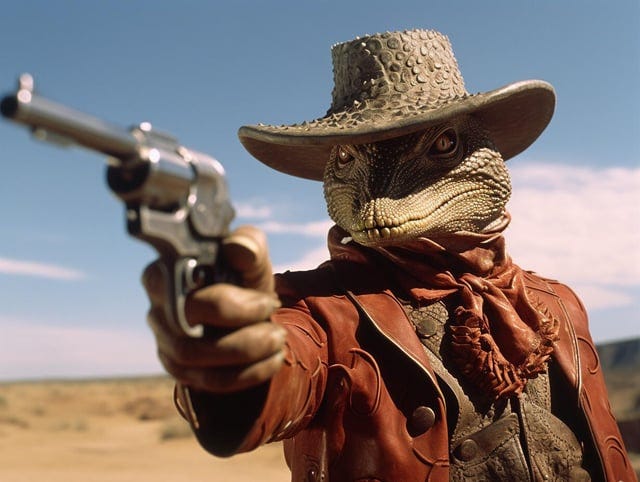 r/midjourney - The Good, the Bad and the Lizard (Lizergio Leone, 1966)