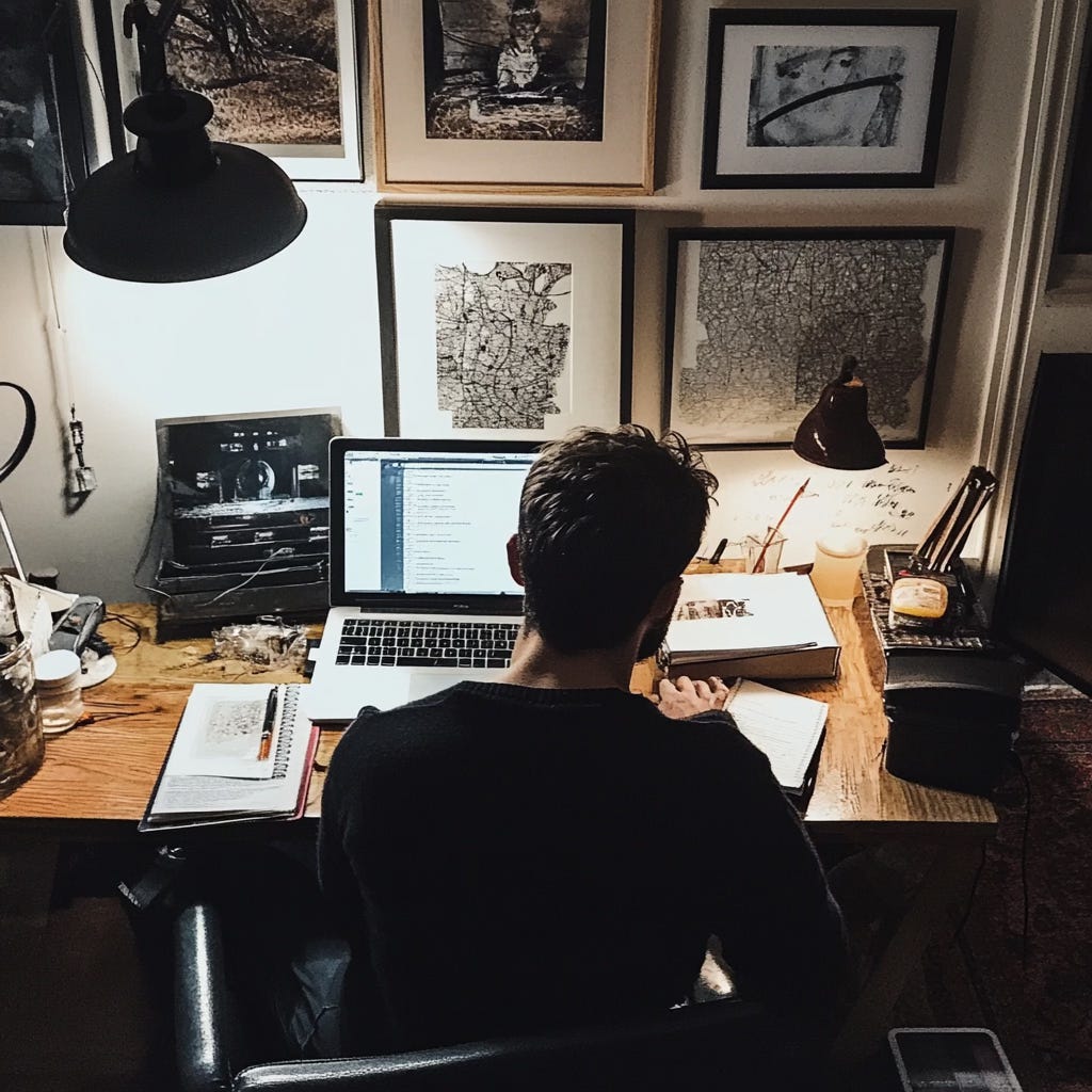A writer using a laptop  at a well organized desk. A light hanges from teh ceiling above him. Framed art is on the walls.
