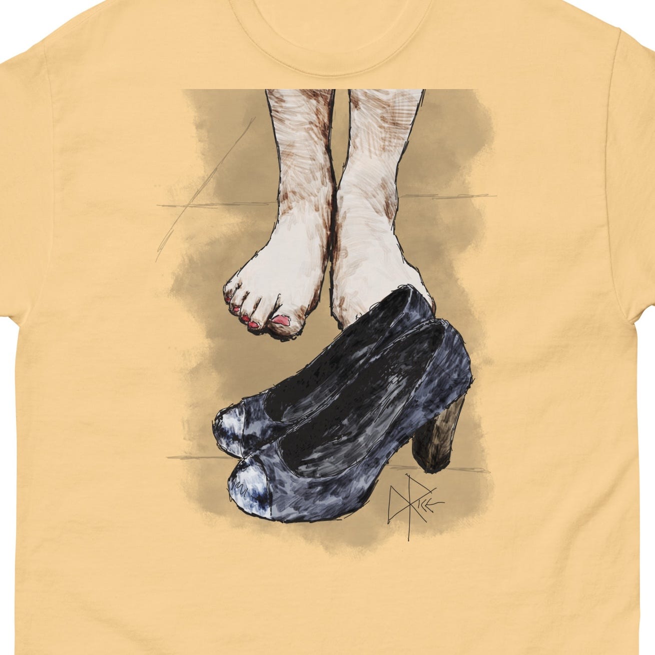 Bare feet, with red-painted toenails, stand behind a pair of empty high heeled shoes. Sketch art by Don Rice. Bare feet, with red-painted toenails, stand behind a pair of empty high heeled shoes. Sketch art by Don Rice.