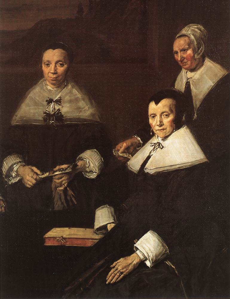 Five stern elderly women in black sit in a row, painted with rough, ageing brushwork Five stern elderly women in black sit in a row, painted with rough, ageing brushwork