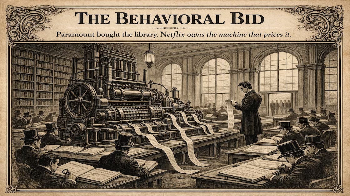 Victorian engraving illustration of a grand 19th-century data counting house with mechanical analytical engines and clerks recording behavioral data, representing Netflix's behavioral infrastructure advantage over traditional media companies in the Warner Bros Discovery acquisition story.