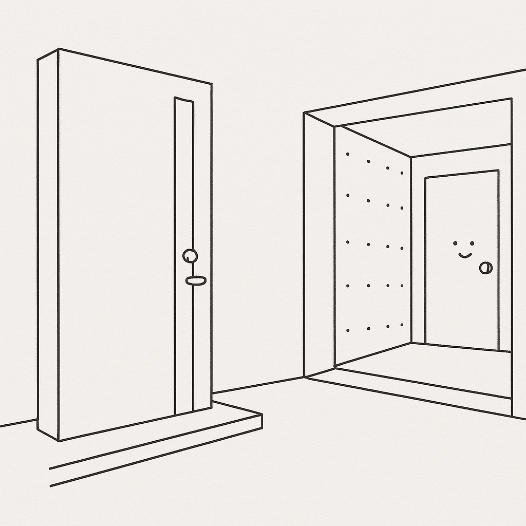 A simple black-and-white line sketch showing a tall rectangular vertical surface with a slim handle and a round element on its front. Next to it is a recess with another flat surface resembling a door, drawn with two small dots and a curved line forming a smiling face. The whole image looks like a simplified plan of an entryway.