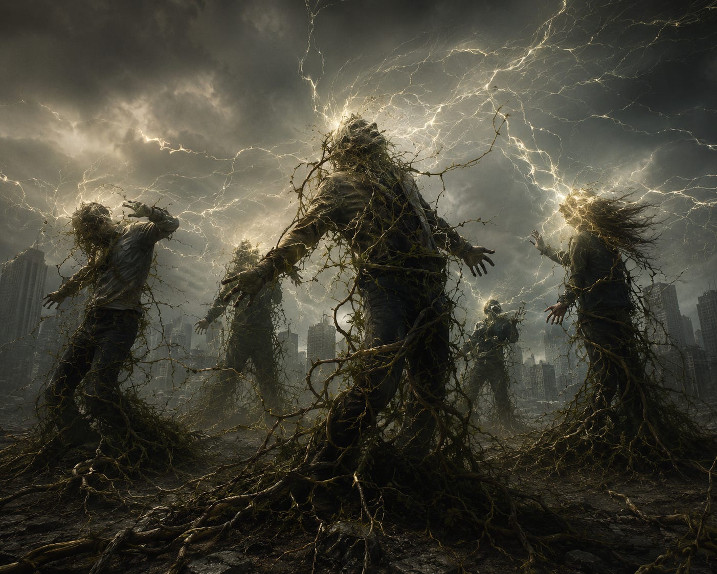 A field of people with electrical static running through them as vines and weeds entangle them.