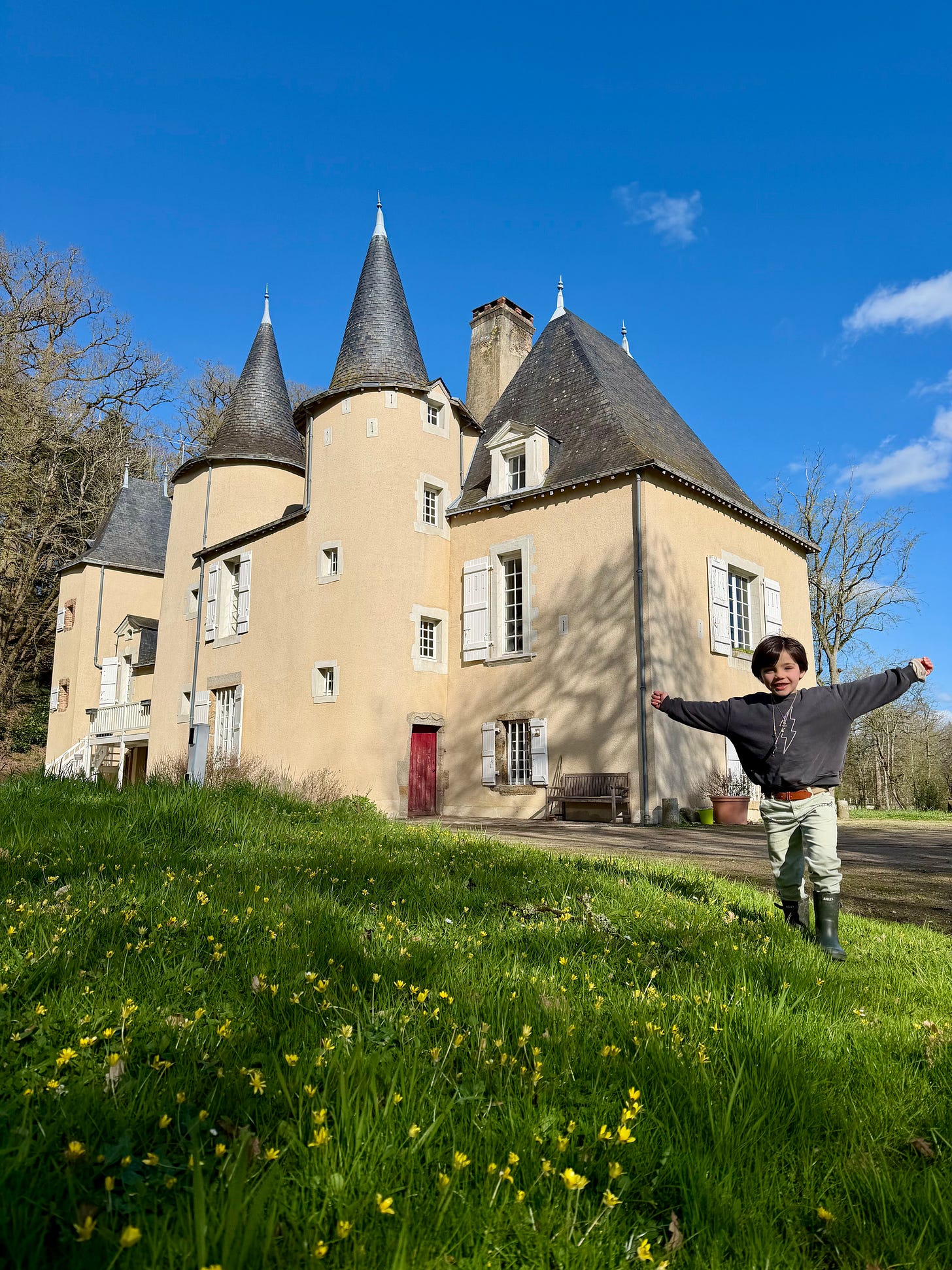 A pale stone château with three conical slate-roofed turrets and white shutters under a blue sky, with a young boy standing on the grass in front of it, arms stretched wide. A pale stone château with three conical slate-roofed turrets and white shutters under a blue sky, with a young boy standing on the grass in front of it, arms stretched wide.