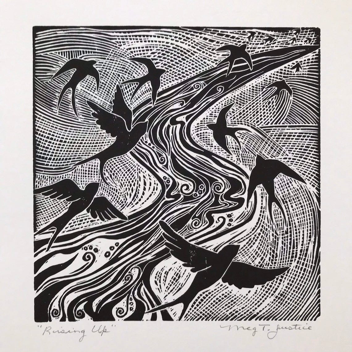 Rising Up,linocut print in black,murmuration, bird linocut,river art,handprinted blockprint,reliefprint,wall art ,Gift for her,bird art image 2