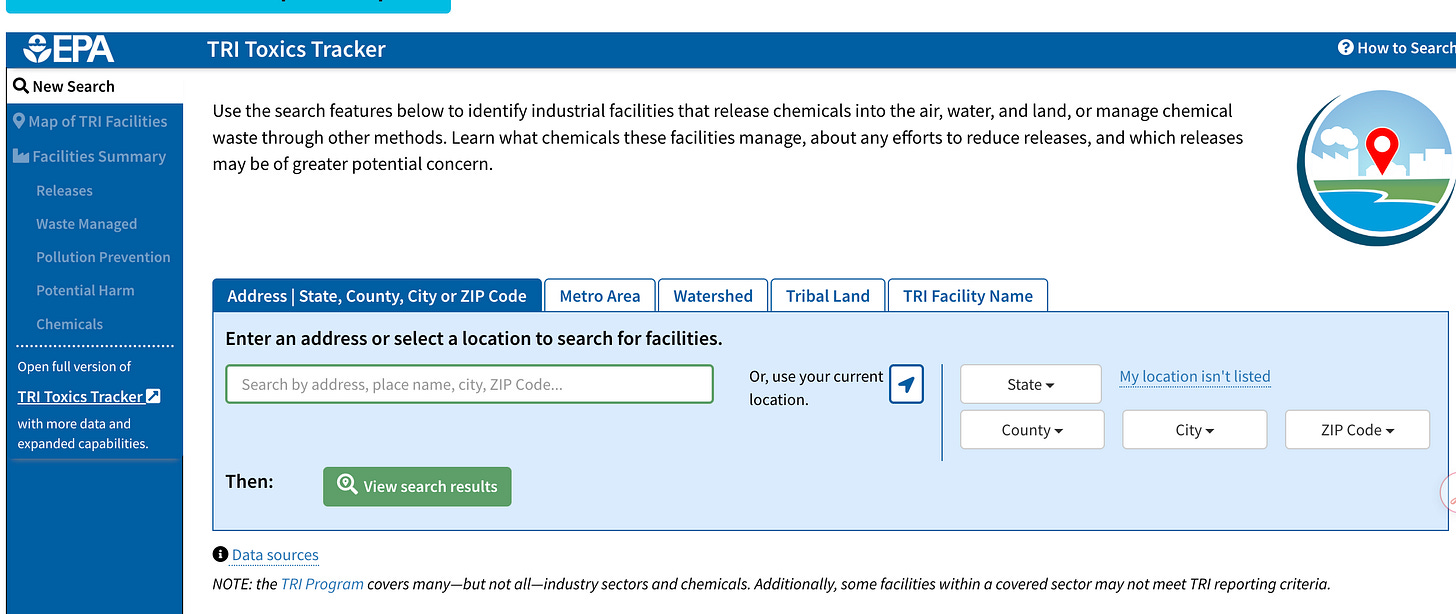 Screenshot of the EPA TRI Toxics Tracker with a zip code search. Screenshot of the EPA TRI Toxics Tracker with a zip code search.