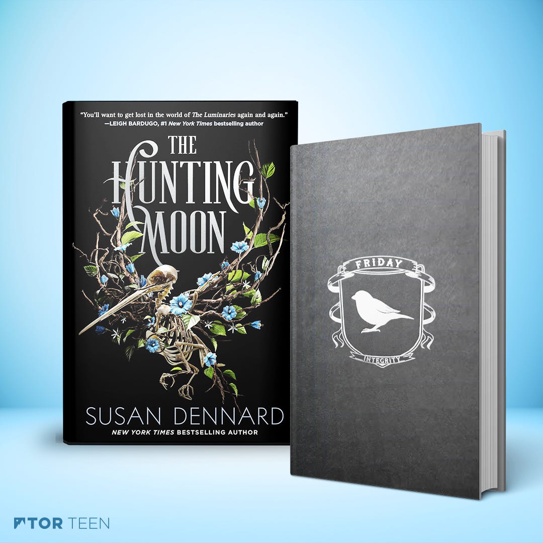 A picture of the hardcover casing with a silver stamped sparrow on a shield with the word Friday above and Integrity below