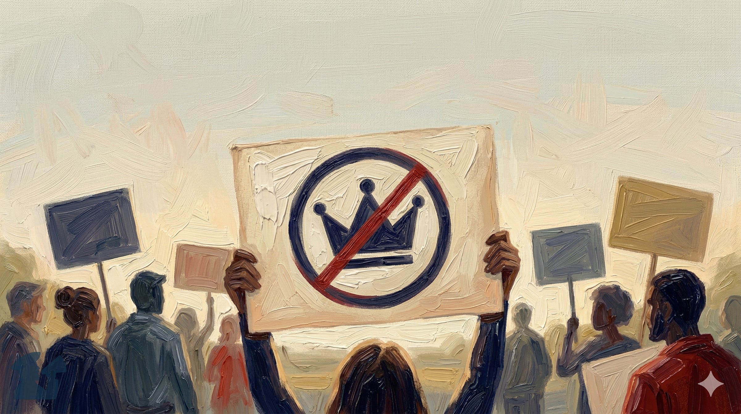 A deeply textured oil painting showing a procession of people seen from the back, marching against an overcast sky. In the foreground, a person holds a large, central protest sign high. The sign displays a prominent 'no crown' symbol: a black crown inside a black circle, with a red diagonal slash through it. Other members of the diverse crowd, also with their backs to the viewer, hold numerous other blank placards on sticks, creating a powerful, anonymous collective march. The whole scene is rendered with heavy, visible brushstrokes. A deeply textured oil painting showing a procession of people seen from the back, marching against an overcast sky. In the foreground, a person holds a large, central protest sign high. The sign displays a prominent 'no crown' symbol: a black crown inside a black circle, with a red diagonal slash through it. Other members of the diverse crowd, also with their backs to the viewer, hold numerous other blank placards on sticks, creating a powerful, anonymous collective march. The whole scene is rendered with heavy, visible brushstrokes.