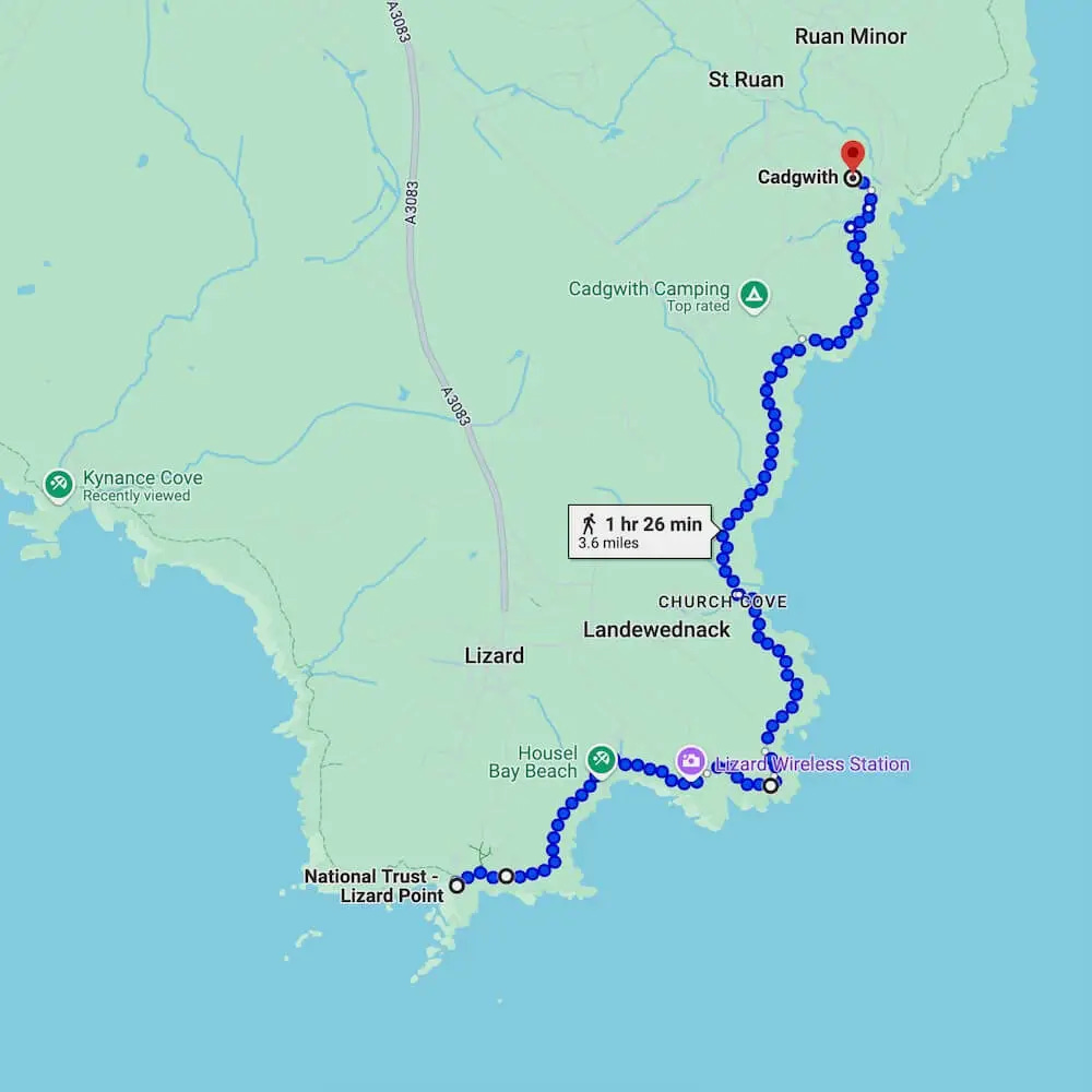 Map showing the walking route from Lizard Point to Cadgwith