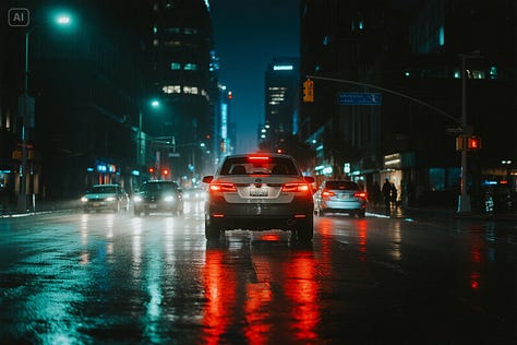 "Long‑exposure photo of cars moving through a rain-soaked city street at night, with bright taillight trails and reflections." - by GPT-4o, Imagen 4, and Seedream 3.0 image models