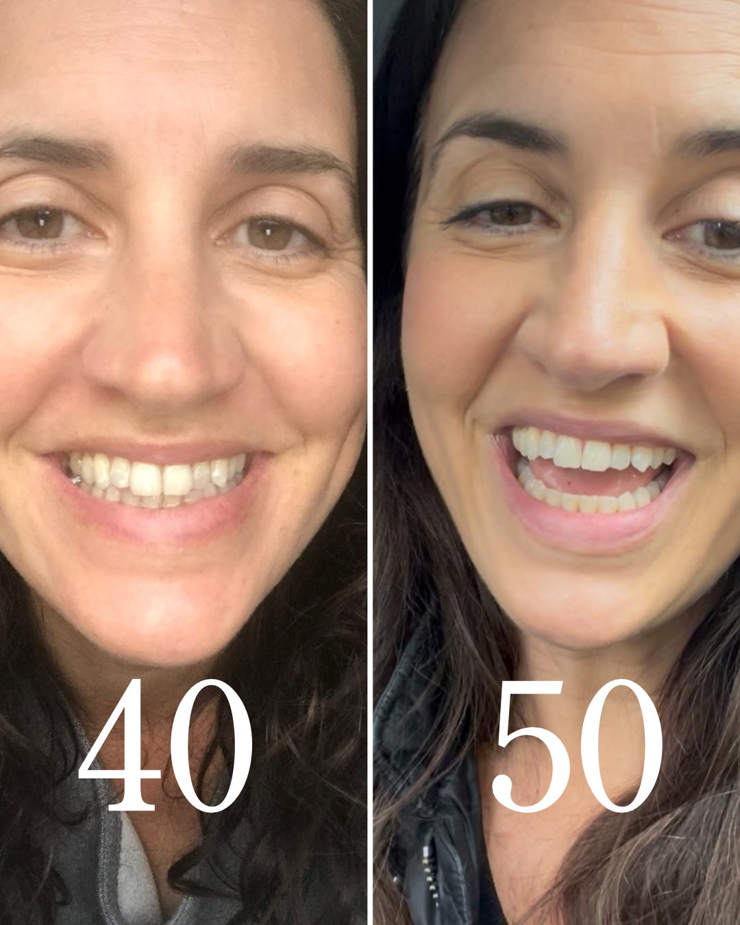 A side by side image of midlife Beauty Editor Donna Francis, showing her skin in her 40s and her skin in her 50s for a substack for The Beauty Ed®