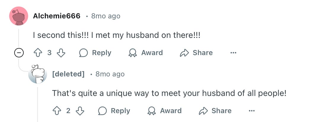 Reddit post screenshot that reads "I met my husband on there," referencing the IMDb boards