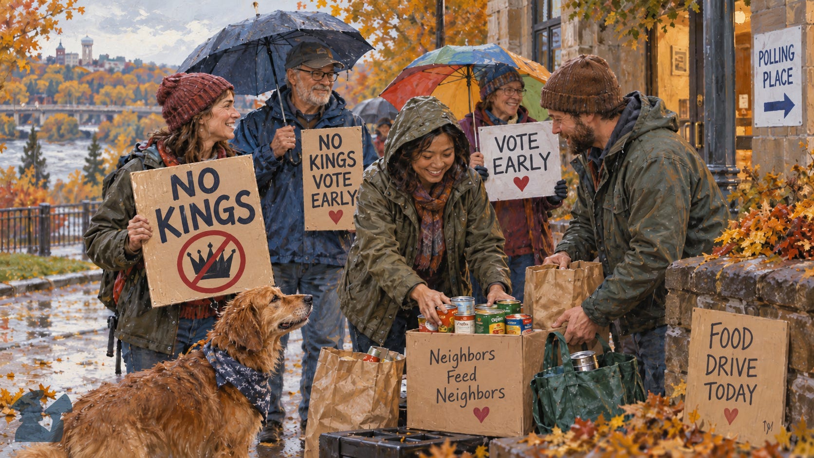 Neighbors gather in the rain for a No Kings rally and food drive, holding Vote Early signs and donating canned goods outside a polling place in autumn. Neighbors gather in the rain for a No Kings rally and food drive, holding Vote Early signs and donating canned goods outside a polling place in autumn.