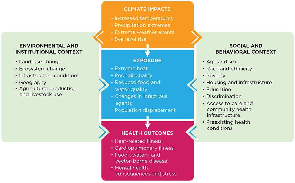 "Diagram connecting these squares: "Environmental and Institutional Context: Land-use change, Ecosystem change, infrastructure condition, geography, agricultural production and livestock use" "Climate Impacts: Increased temperatures, precipitation extremes, extreme weather, events, sea level rise" "Exposure: Extreme heat, poor air quality, reduced food and water quality, changes in infectious agents, population displacement." "Health outcomes: Heat-related illness, cardiopulmonary illness, food-, water-, vector-borne disease, Mental health consequences and stress." "Social and behavioral context: age and sex, race and ethnicity, poverty, housing and infrastructure, education, discrimination, access to care and community health infrastructure, pre-existing health conditions."