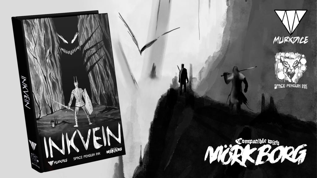 A book mockup, titled Inkvein, set into the scene of a cliff with two adventures moving into the distance.